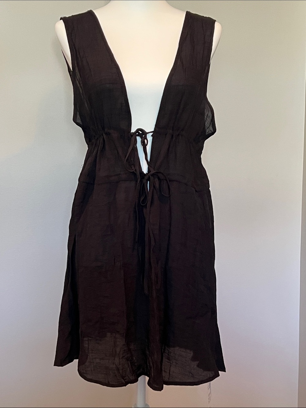 Black Sleeveless Tie-Front Sheer Swimsuit Coverup